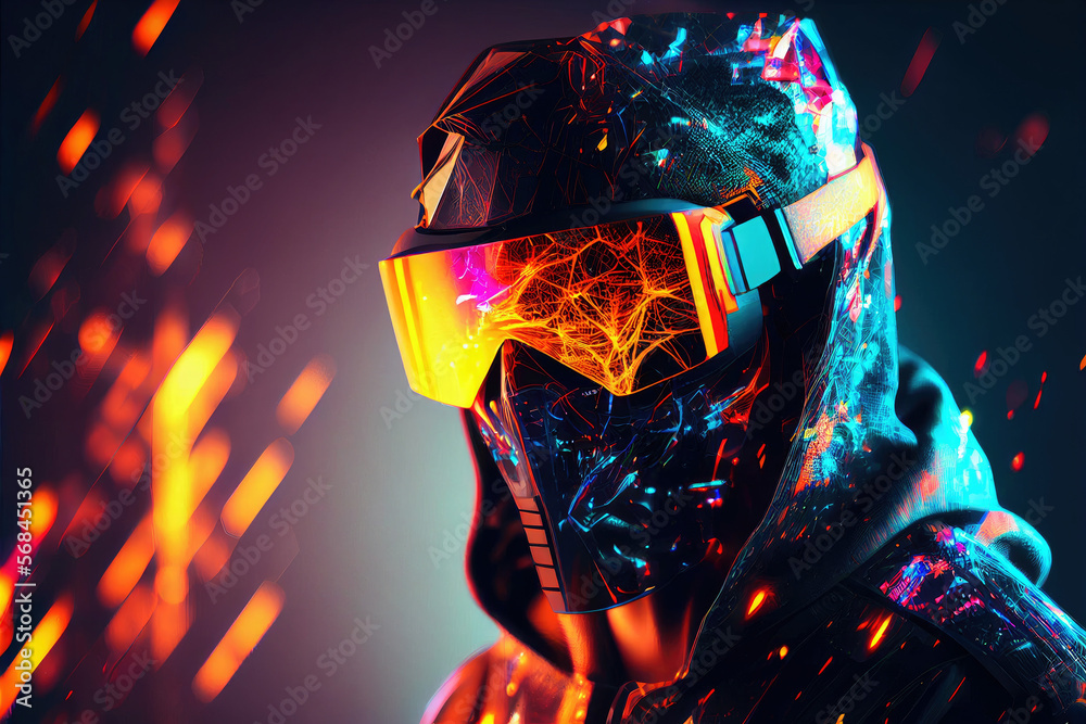Futuristic man wearing wirtual reality headset at cyber space background. Metaverse concept. Player character in computer game interface. Created with Generative AI Futuristic man wearing wirtual reality headset at cyber space background. Metaverse concept. Player character in computer game interface. Created with Generative AI