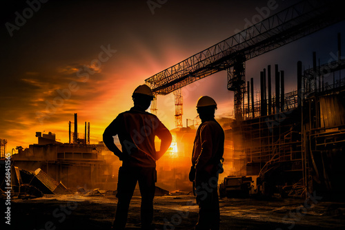 Silhouette of Engineer and worker at building site background, construction site at sunset. Generative AI.