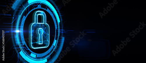 Obraz na plátně Protection and security concept with digital blue pad lock symbol in microcircuit circle on abstract dark background with place for advertising poster, text or logo