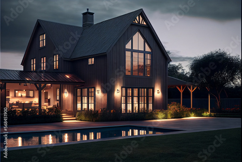 Exterior of a modern, luxurious and stylish farmhouse at night with a swimming pool | Generative Ai | Exterior design | Beautifully lit Farmhouse | Architectural design photo