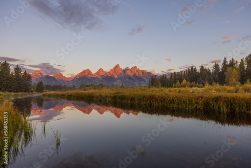 Scenic Sunrise LAndscape Reflection in the Tetons in Autumn