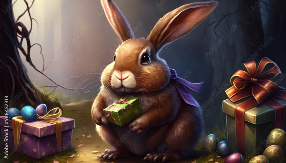 Happy Easter 2023 illustration with Easter bunnies and easter eggs generative ai