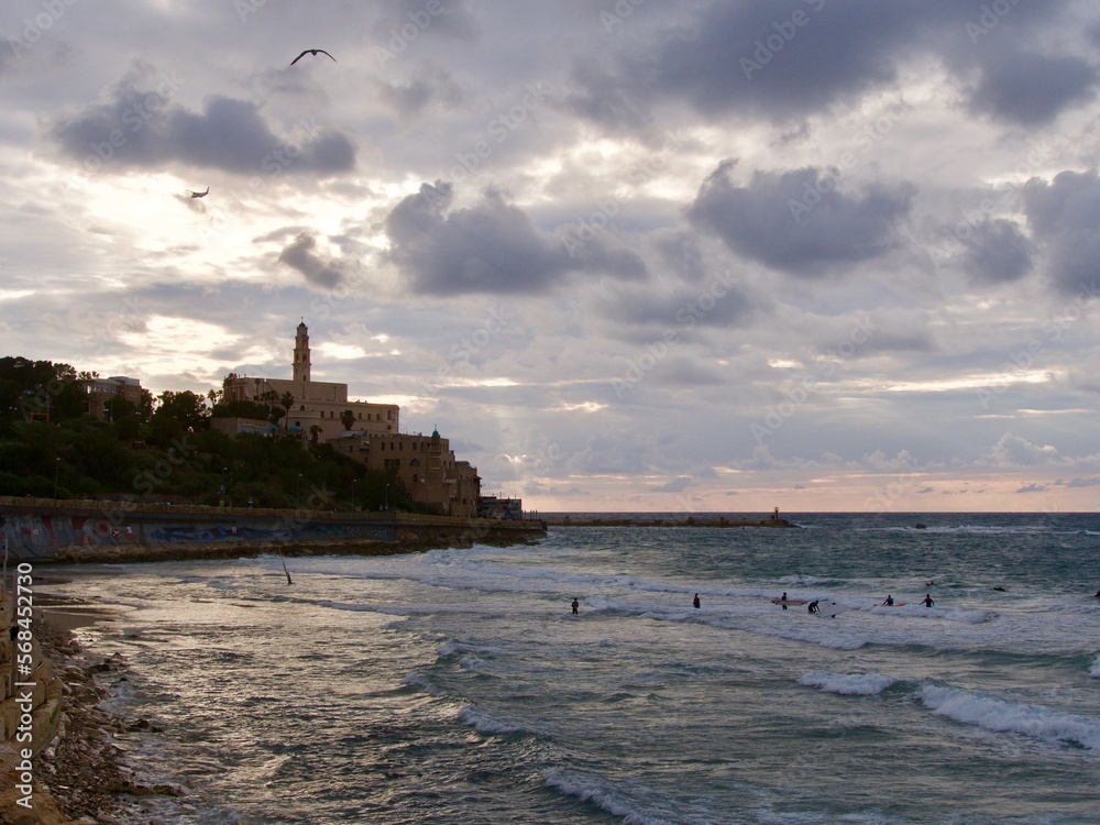 Panoramic view of Tel-Aviv, beach on Mediterranean sea.
