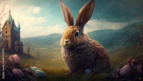 Happy Easter 2023 illustration with Easter bunnies and easter eggs generative ai