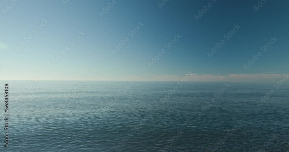 Sunny Sky Over Calm Water Of Sea Or Ocean. Natural Background With Gently Blue Colors. Conception Of Tranquility And Calmness. Sea Ocean And Blue Clear Sky Background. Serenity View. Sunny Sky Over Calm Water Of Sea Or Ocean. Natural Background With Gently Blue Colors. Conception Of Tranquility And Calmness. Sea Ocean And Blue Clear Sky Background. Serenity View.