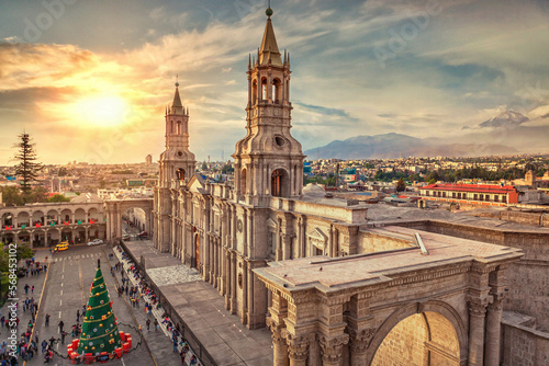 Arequipa Cathedral, view at sunset, Peru