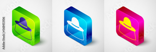 Isometric Beekeeper with protect hat icon isolated on grey background. Special protective uniform. Square button. Vector