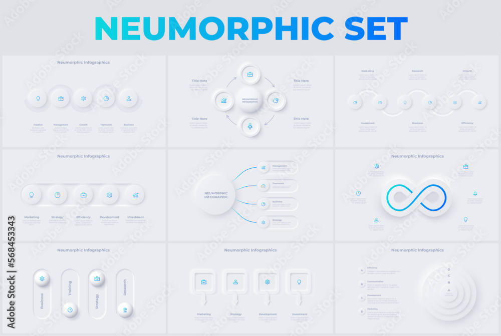 Set of light neumorphic infographic slides. Business data visualization for presentation. Unique neumorphism design set Set of light neumorphic infographic slides. Business data visualization for presentation. Unique neumorphism design set