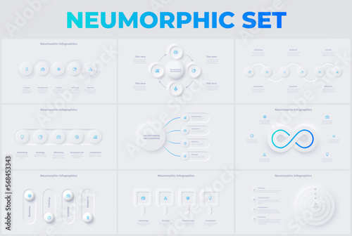 Set of light neumorphic infographic slides. Business data visualization for presentation. Unique neumorphism design set