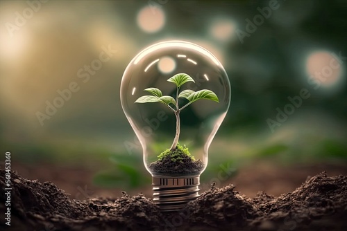 Light bulb with sprout inside. Tree growing on light bulb. Concepts of environmental conservation and global warming. Earth day. Generative AI