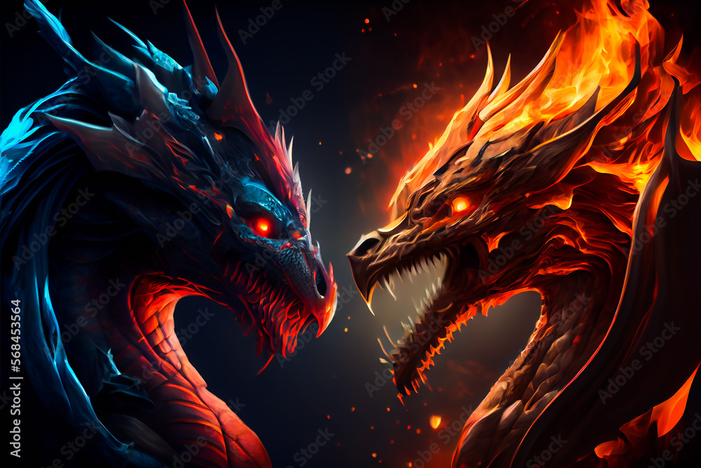 Two  fire breathing dragons.  Dragons fighting.  Generative AI.