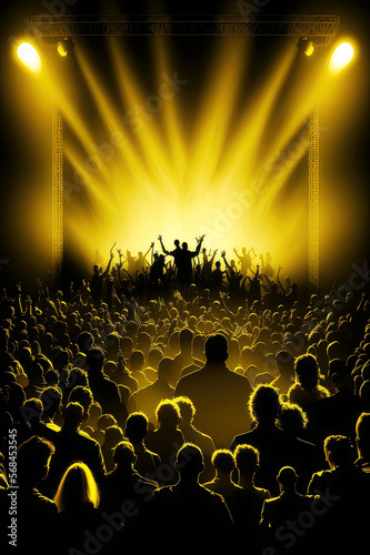 crowd of people dancing, concert crowd in front of bright yellow stage light, generative ai