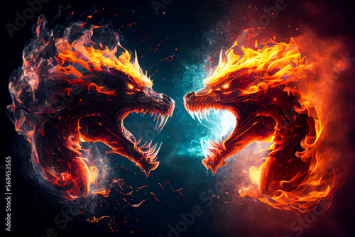 Two fire breathing dragons. Dragons fighting. Generative AI.