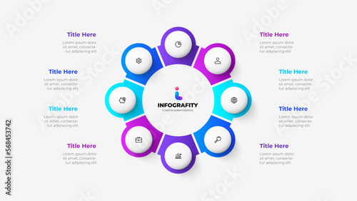 Diagram divided into 8 parts with circles. Design concept of eight steps or parts of business cycle. Infographic design template