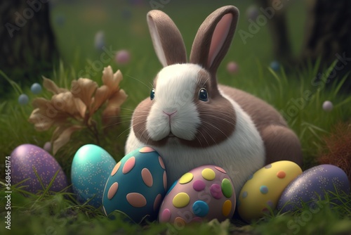 Easter Egg bunny with lot of colored eggs. Generative AI © hellozeto studio