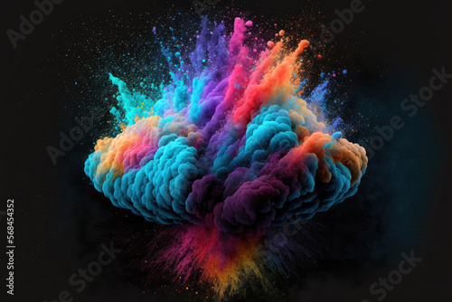 explosion of colored powder against a dark background. Generative AI