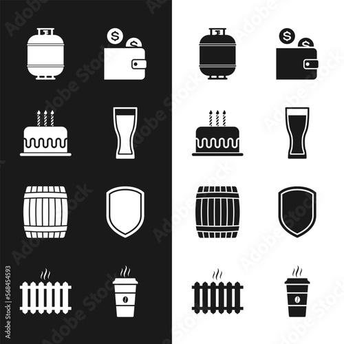 Set Glass of beer, Cake with burning candles, Propane gas tank, Wallet coin, Wooden barrel and Shield icon. Vector