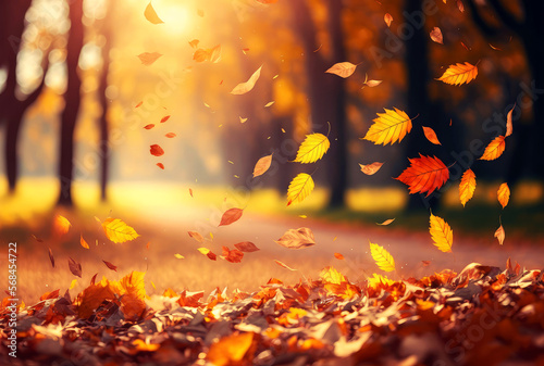 Autumn colorful bright leaves swinging in a tree in autumnal park, Autumn colorful background, fall backdrop , generative ai