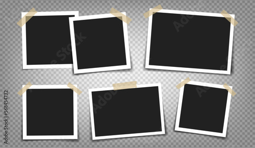 Photo frame with adhesive tape of different colors and paper clip. Photo realistic vector makeup of different size on transparent background.