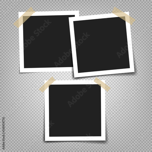 Photo frame with adhesive tape of different colors and paper clip. Photo realistic vector makeup of different size on transparent background.
