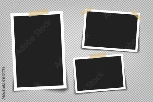 Photo frame with adhesive tape of different colors and paper clip. Photo realistic vector makeup of different size on transparent background.