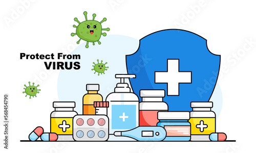 Set Vector illustration fight virus. cure corona virus. people fight virus concept. corona viruses vaccine concept. Vector illustration