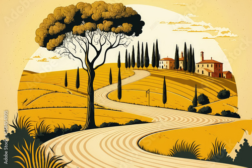 Monteroni d'Arbia, route of the via francigena. Curved road, Field and trees. Siena on background, Tuscany. Italy, Europe. Generative AI photo