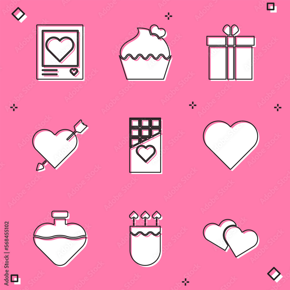 Set Photo frames and hearts, Wedding cake with, Gift box, Amour arrow, Chocolate bar, Heart, Bottle love potion and Quiver arrows icon. Vector