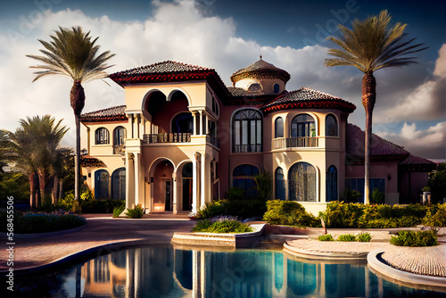 Exterior of a luxury house with swimming pool.  Modern  Villa.   Generative AI. © EwaStudio