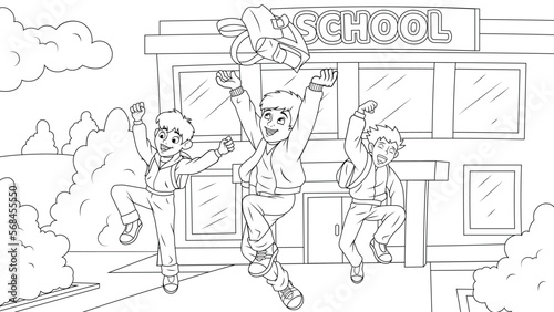 Vector illustration, school children having fun outdoors after school