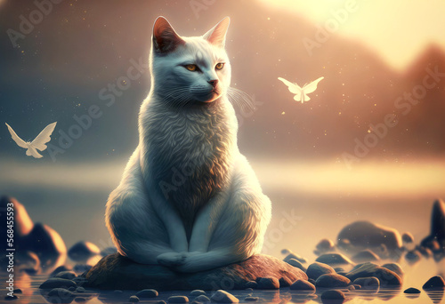 An inspirational poem about Inner Peace, along with an image of a cat meditating, generative ai