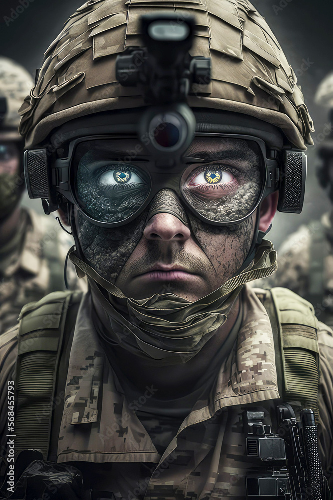 soldier in military uniform, Allseeing eye monitors these worldweary