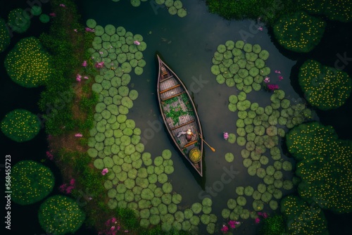 Boat on a lake, Aerial view, Generative AI