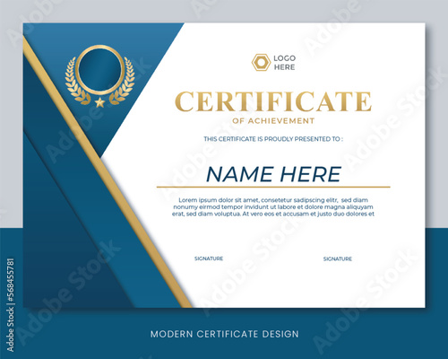 Modern certificate template blue white, simple certificate design golden luxury, blue gold certificate template