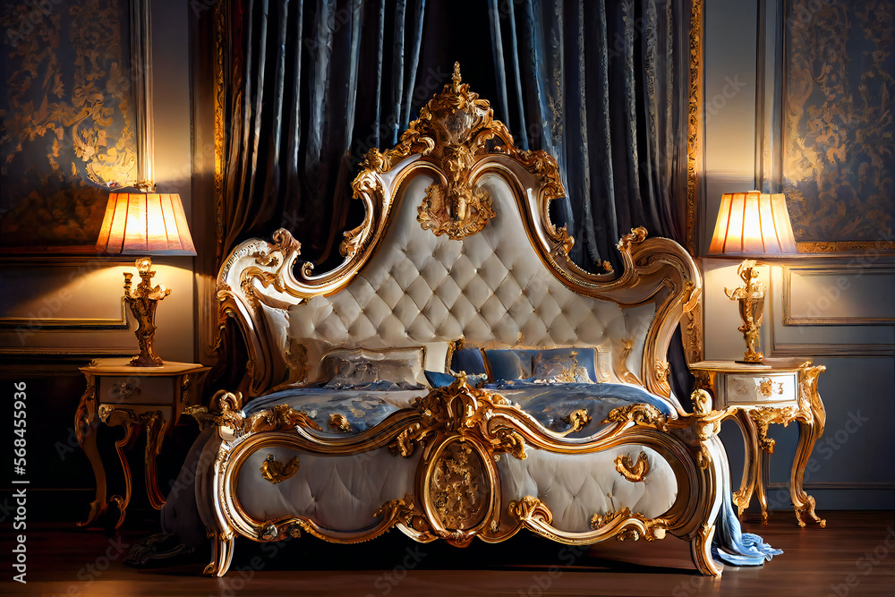  Elegant bedroom interior in baroque style.   Romantic bedroom.  Generative AI.