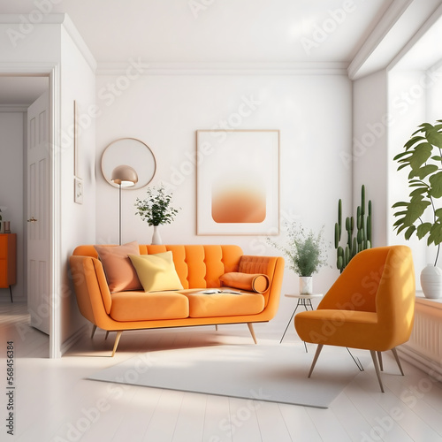 Cozy modern living room interior with orange sofa and decoration room on a orange or white wall background, Generative AI
