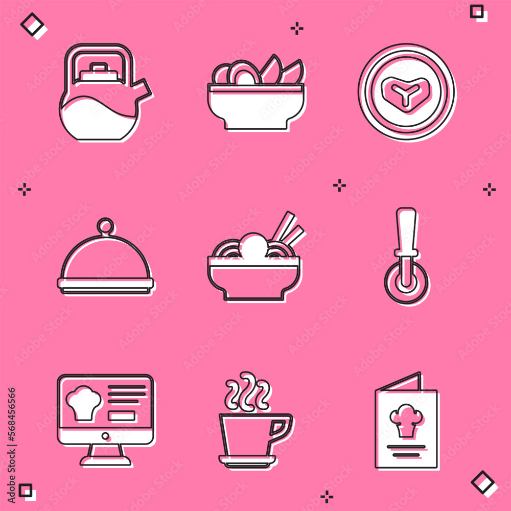 Set Kettle with handle, Nachos in plate, Steak meat on, Covered tray, Asian noodles bowl, Pizza knife, Online ordering delivery and Coffee cup icon. Vector