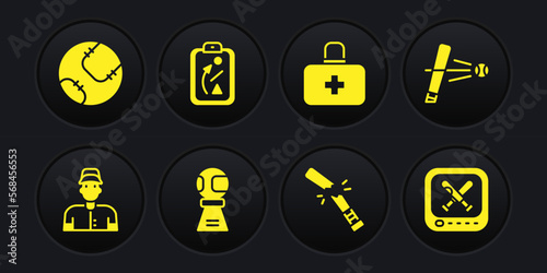 Set Baseball player, bat with, Award cup baseball, Broken, First aid kit, Planning strategy, Monitor game and icon. Vector