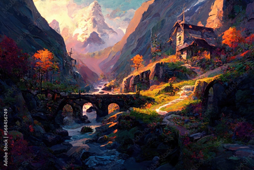 Village in Mountains, Fantasy Landscape Backgorund. Generative AI