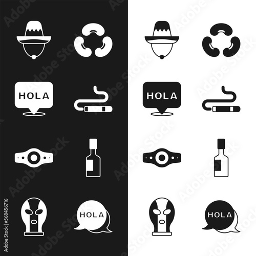Set Cigar, Hola, Mexican sombrero, Beans, Wrestling championship belt, Tabasco sauce, and wrestler icon. Vector