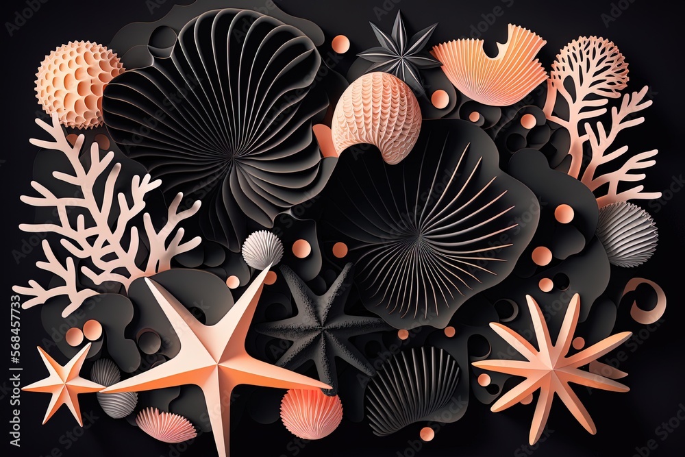 Fototapeta premium Abstract marine background with seashells and pearls, corals and starfish. AI