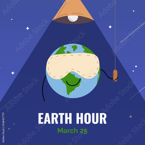 Earth hour poster depicting planet Earth in the sleeping mask switching the light. Earth hour vector flat style illustration. Earth hour cartoon style illustration.