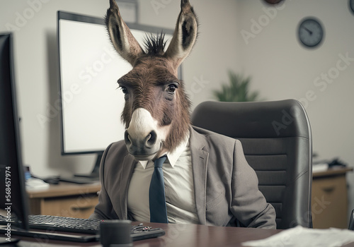 Foto Portrait of donkey in a business suit at the office
