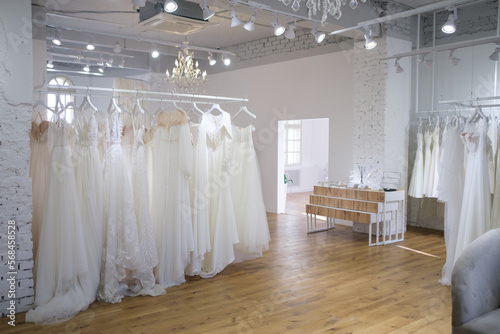Collection of wedding dresses in the shop
