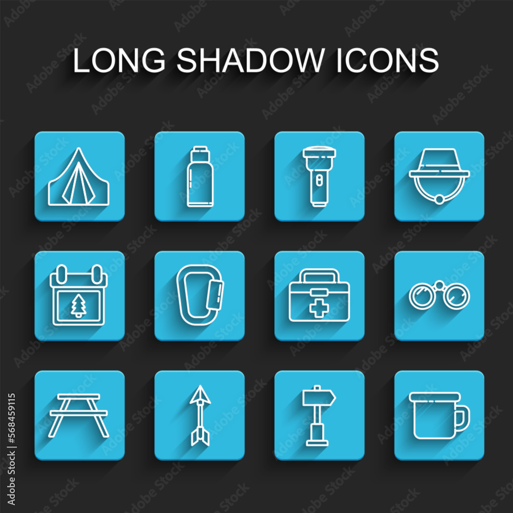 Set line Picnic table with benches, Hipster arrow, Tourist tent, Road traffic signpost, Camping metal mug, Carabiner, Binoculars and First aid kit icon. Vector Set line Picnic table with benches, Hipster arrow, Tourist tent, Road traffic signpost, Camping metal mug, Carabiner, Binoculars and First aid kit icon. Vector