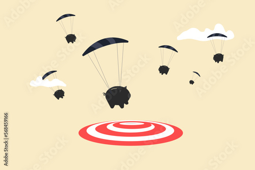 piggy bank with parachute landing on the target. concept of goal, opportunity and success