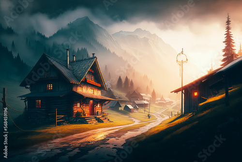 A quaint and traditional alpine community, with wooden chalets and rolling hills. organized and filed, sparse