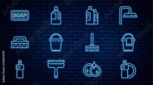 Set line Dishwashing liquid bottle and plate, Bucket with rag, Bottles for cleaning agent, Brush, Bar of soap, Handle broom and Fabric softener icon. Vector