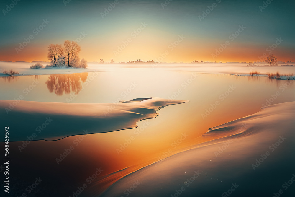 A serene and peaceful lake, frozen solid and reflecting the sky above