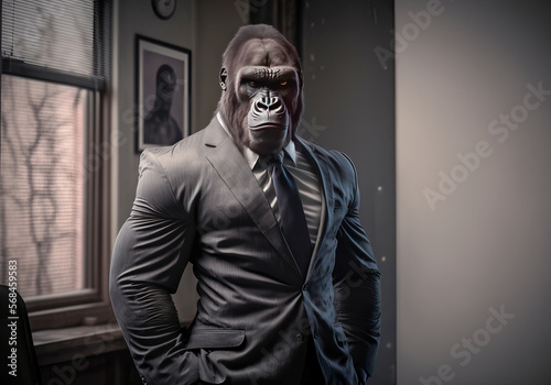 Portrait of gorilla in a business suit at the office. generative ai